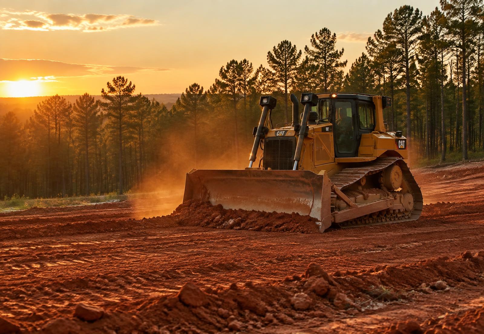 Bulldozer grading a red clay building pad at sunset
